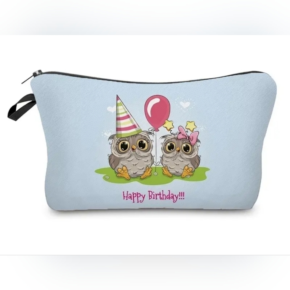 Owl Happy Birthday makeup Cosmetic Bag Portable Foldable Makeup bag
